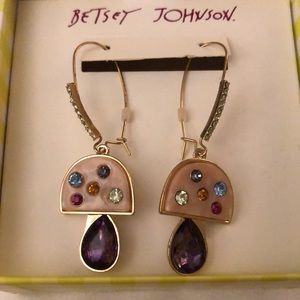 Betsey Johnson Gold Tone Enchanted Garden Mushroom Drop Earrings Crystal Accent